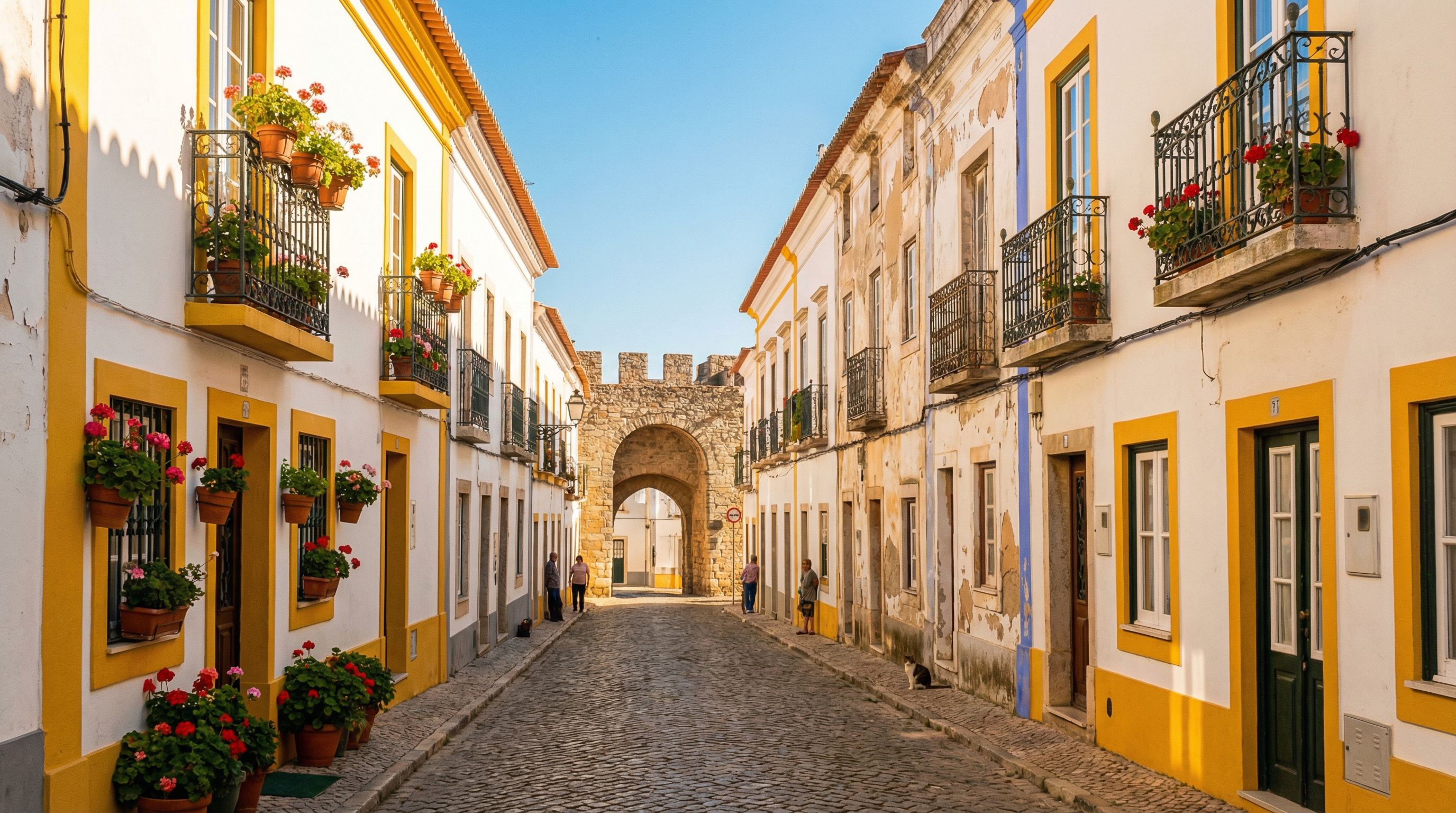 Rua típica do Centro Histórico de Elvas com arquitetura tradicional alentejana