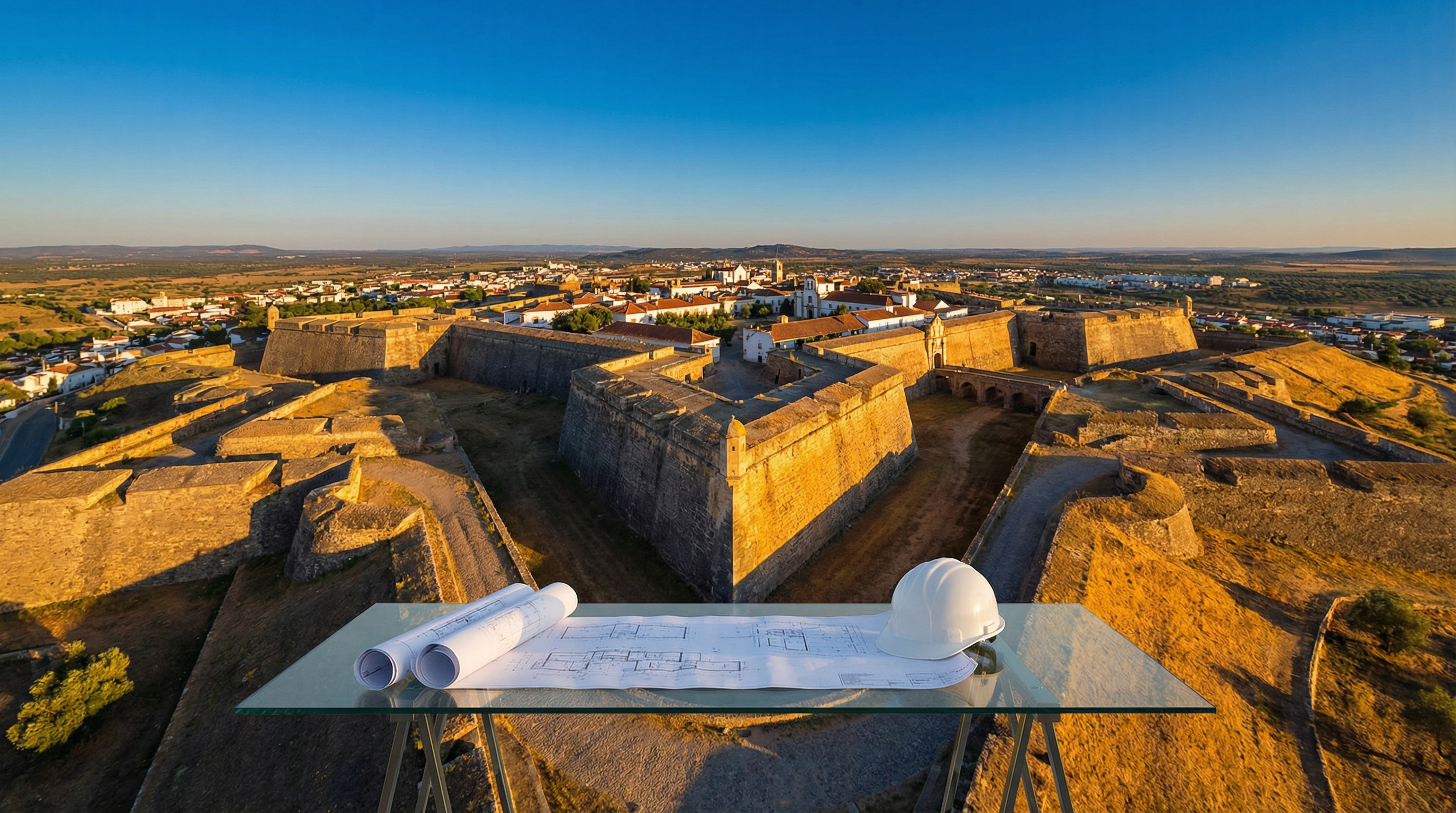 Vista panorâmica das Fortificações de Elvas, Património Mundial da UNESCO, ao pôr do sol